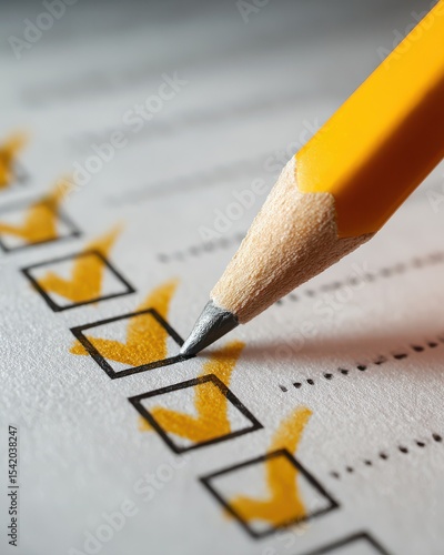 Close-Up of Yellow Pencil Marking Checked Boxes on Checklist Paper in Soft Light for Task Completion or Organization Themes