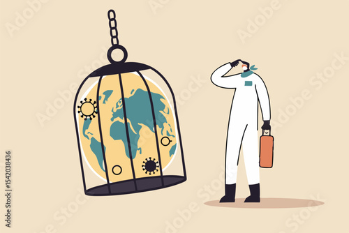 Coronavirus COVID-19 lockdown or quarantine, restricted access to country combat with COVID-19 virus outbreak, medical worker full protective gear with key after locked sick earth planet in cage