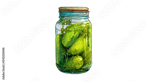 A Glass Jar of Dill Pickles Preserved in Brine, transparent background