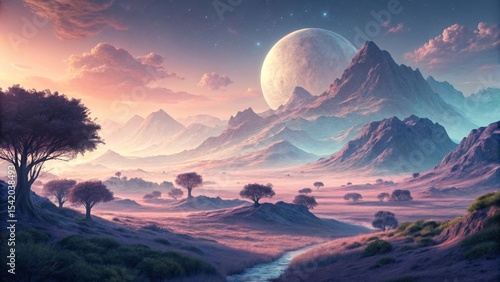 Surreal lighting over smooth digital landscape A serene landscape featuring mountains, trees, and a large moon in a colorful twilight sky.
