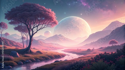 Surreal lighting over smooth digital landscape A serene landscape with mountains, a river, and a large planet in a colorful sky.