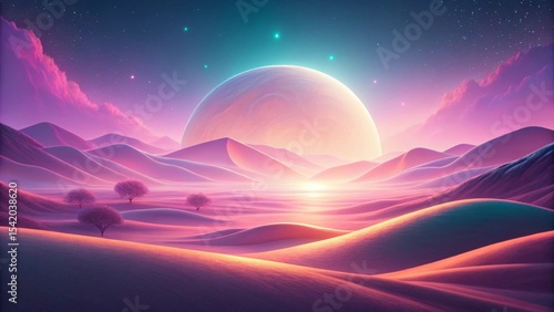 Surreal lighting over smooth digital landscape Surreal landscape featuring vibrant colors, mountains, and a large moon at sunset.