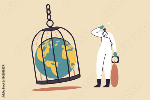 Coronavirus COVID-19 lockdown or quarantine, restricted access to country combat with COVID-19 virus outbreak, medical worker full protective gear with key after locked sick earth planet in cage