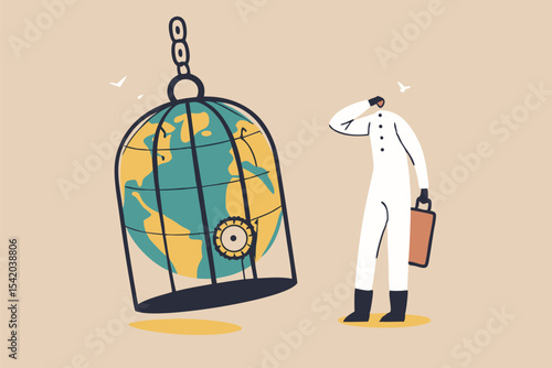 Coronavirus COVID-19 lockdown or quarantine, restricted access to country combat with COVID-19 virus outbreak, medical worker full protective gear with key after locked sick earth planet in cage