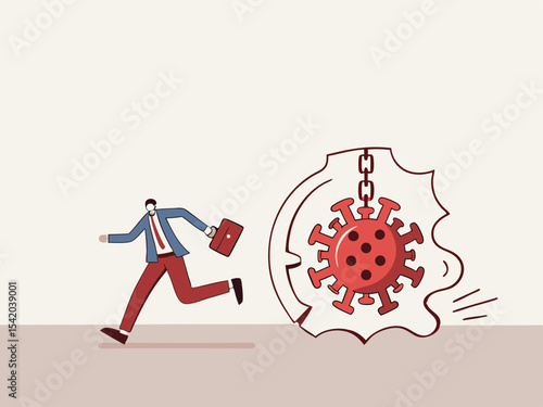 Virus disease outbreak protection failure, COVID-19 virus destroy lock down wall and spread into country concept, wrecking ball as COVID-19 pathogen destroy and demolish wall, business man run away.