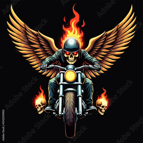 Vector t-shirt design with fire biker with human skull and wings on black background.
Fashionable print for fabric, paper, men clothing,
hoodie, biker jacket. T shirt template motorcycle.