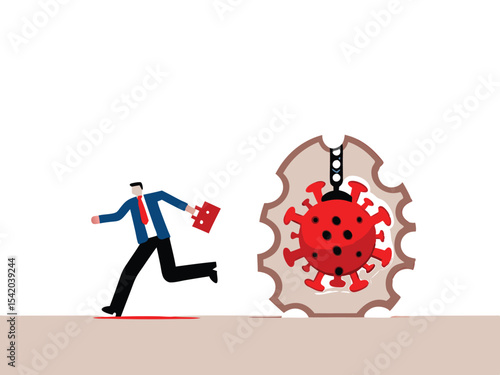 Virus disease outbreak protection failure, COVID-19 virus destroy lock down wall and spread into country concept, wrecking ball as COVID-19 pathogen destroy and demolish wall, business man run away.