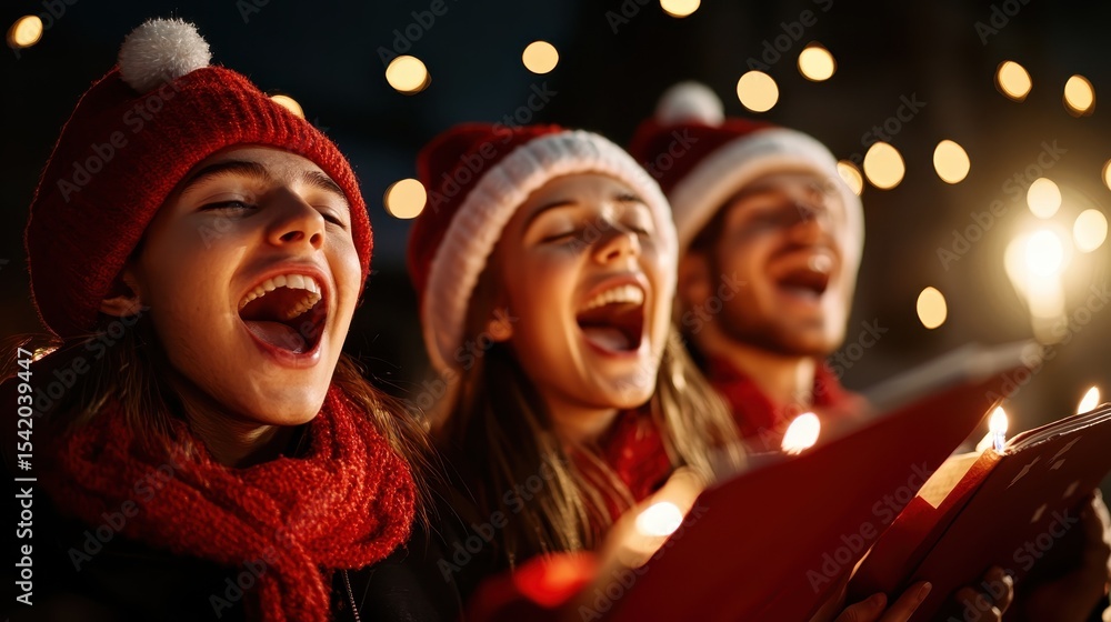 A joyful group of carolers dressed in festive attire sings happily, embodying the spirit of togetherness and celebration during the holiday season with bright ambient lights. A joyful group of carolers dressed in festive attire sings happily, embodying the spirit of togetherness and celebration during the holiday season with bright ambient lights.