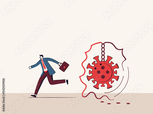 Virus disease outbreak protection failure, COVID-19 virus destroy lock down wall and spread into country concept, wrecking ball as COVID-19 pathogen destroy and demolish wall, business man run away.