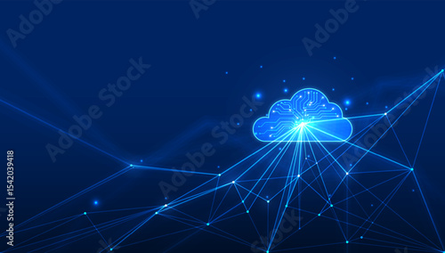 Futuristic digital of a cloud technology  system with glowing network lines and data points on a dark blue background, representing digital transformation and cloud infrastructure.