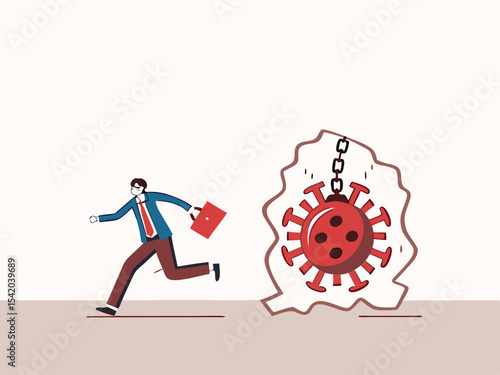 Virus disease outbreak protection failure, COVID-19 virus destroy lock down wall and spread into country concept, wrecking ball as COVID-19 pathogen destroy and demolish wall, business man run away.