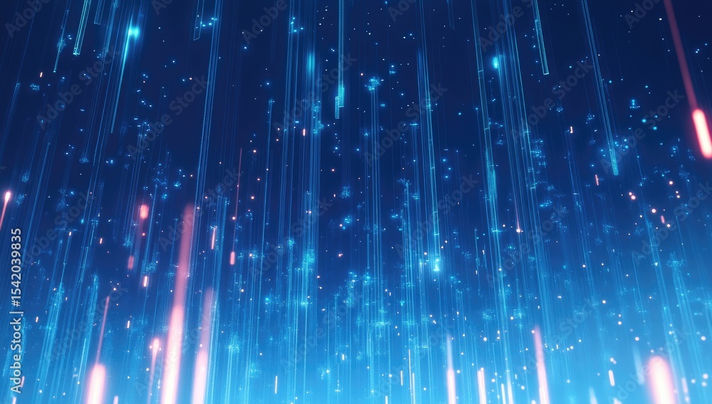 Obraz premium Abstract digital rain, glowing light streaks cascading down a dark blue background