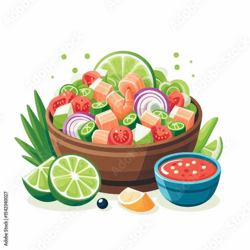 A vibrant bowl of ceviche with shrimp tomatoes onions lime and avocado plus a side of red sauce