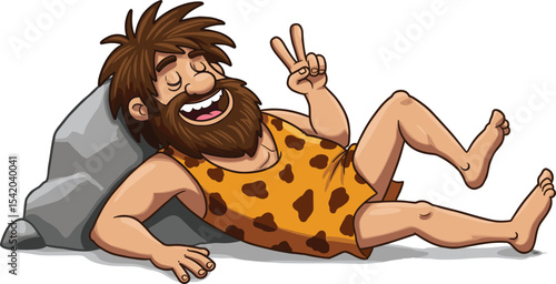 Relaxed caveman showing peace sign, happy prehistoric man napping, chilling Stone Age character, funny cartoon Neanderthal illustration, ancient human rest