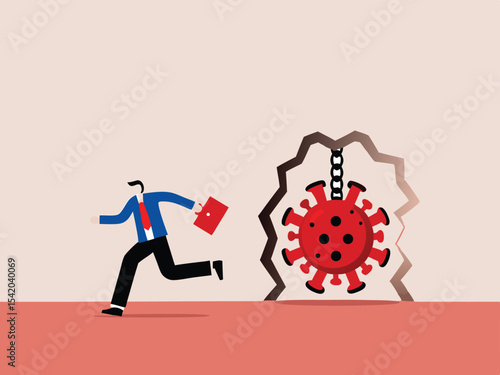 Virus disease outbreak protection failure, COVID-19 virus destroy lock down wall and spread into country concept, wrecking ball as COVID-19 pathogen destroy and demolish wall, business man run away.