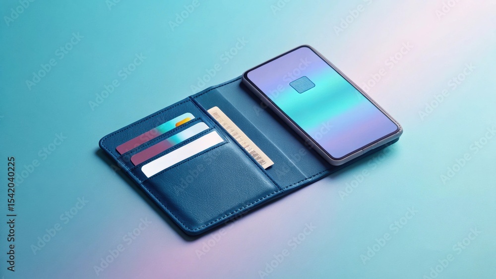 A stylish wallet with a smartphone and several credit cards, set against a vibrant gradient background. A stylish wallet with a smartphone and several credit cards, set against a vibrant gradient background.