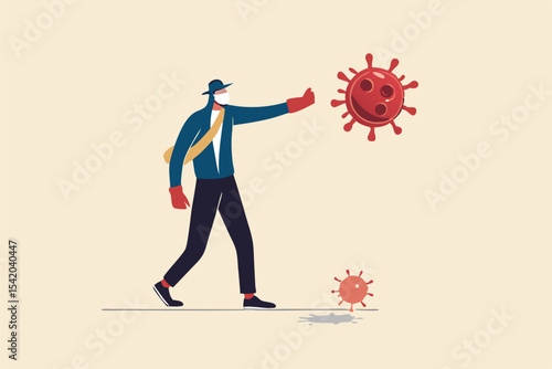 Fighting for business to survive and stop COVID-19 Coronavirus outbreak crisis concept, Confident businessman leader wearing suit with boxing gloves fighting with COVID-19 virus pathogen.