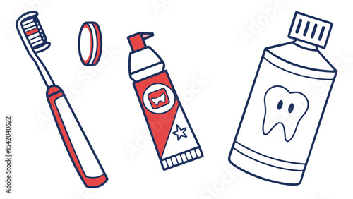 Illustration showing a toothbrush, a tube of toothpaste and dental hygiene items on white background