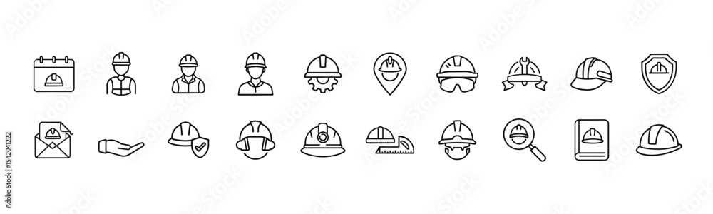 Fototapeta premium Comprehensive Construction and Workplace Safety Line Icons Set - Building, Engineering, and Worker Protection