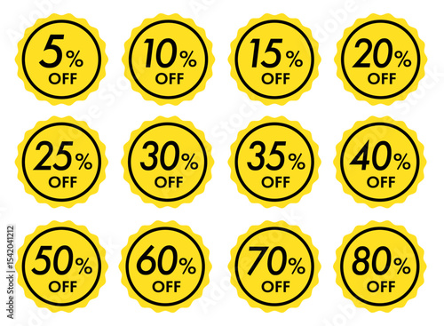 シンプルで使いやすい割引率別セールのオフバッジアイコンセット(クーポン セール 5% 10% 15% 20% 30% 50% 60% 70% 80%OFF ベクター 編集可能)
