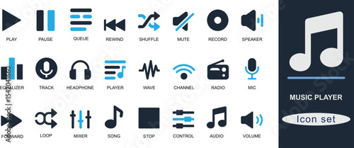 A Solid  music player icon set featuring play, pause, volume, playlist, equalizer, mic, shuffle, and more. Ideal for app, UI, audio, and media design.