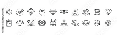 Premium Quality and Value Line Icons Set - Gemstone, Success, and Excellence Concepts