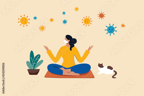 Stay calm at home by meditation or yoga in social distancing self isolation in COVID-19 Coronavirus outbreak lockdown concept, woman meditate and yoga at home to stay calm, COVID-19 virus around.