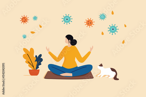 Stay calm at home by meditation or yoga in social distancing self isolation in COVID-19 Coronavirus outbreak lockdown concept, woman meditate and yoga at home to stay calm, COVID-19 virus around.