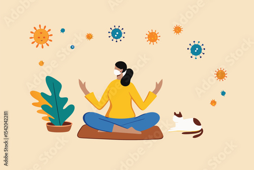 Stay calm at home by meditation or yoga in social distancing self isolation in COVID-19 Coronavirus outbreak lockdown concept, woman meditate and yoga at home to stay calm, COVID-19 virus around.