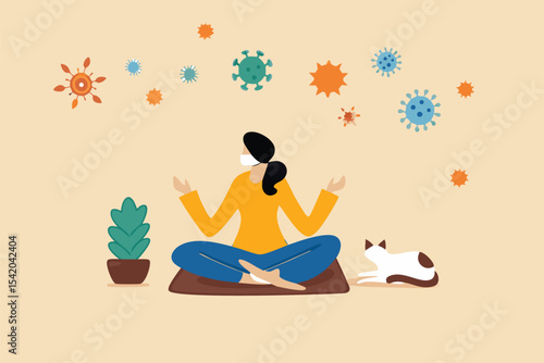 Stay calm at home by meditation or yoga in social distancing self isolation in COVID-19 Coronavirus outbreak lockdown concept, woman meditate and yoga at home to stay calm, COVID-19 virus around.