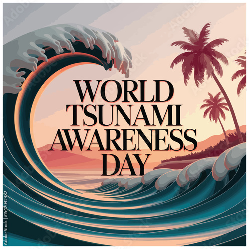 Wave-themed flyer design with bold text, raising awareness about tsunami safety and disaster preparedness.