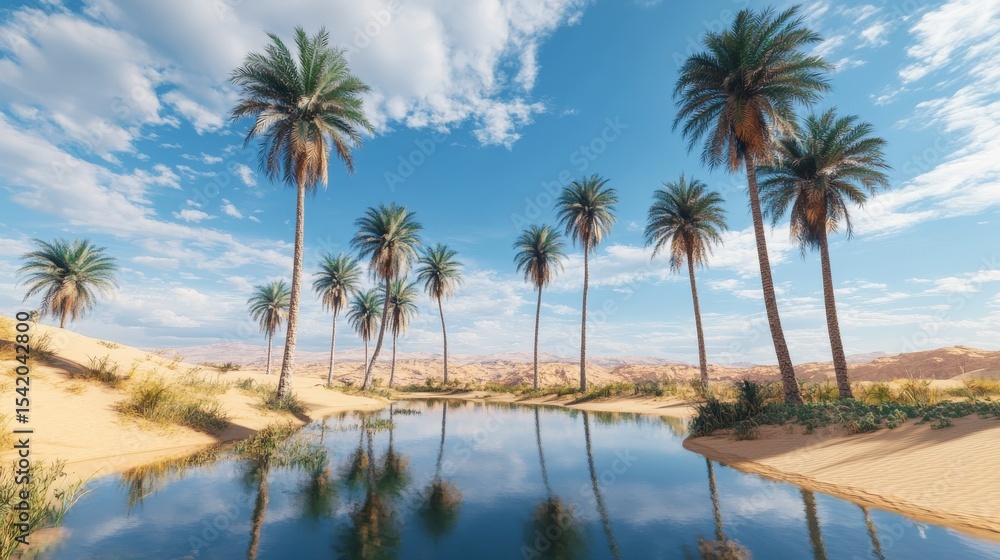 Fototapeta premium A serene desert oasis with palm trees and a reflective lake
