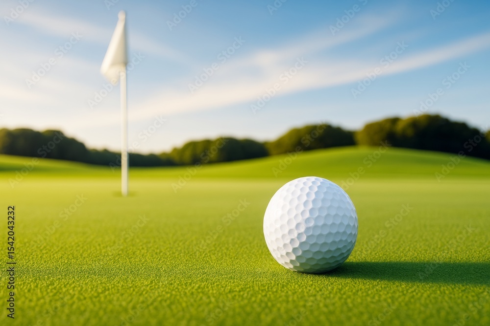 Obraz premium Close-up of golf ball on green field with flag in background under clear blue sky and natural sunlight, symbolizing sports lifestyle concept.