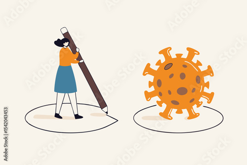 Social distancing, keep distance in public society people to protect from COVID-19 coronavirus outbreak spreading concept, woman keep distance away by drawing circle with virus pathogens