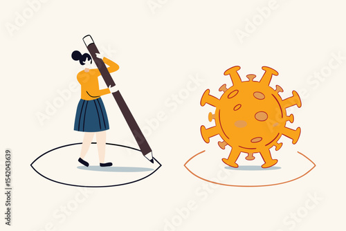 Social distancing, keep distance in public society people to protect from COVID-19 coronavirus outbreak spreading concept, woman keep distance away by drawing circle with virus pathogens
