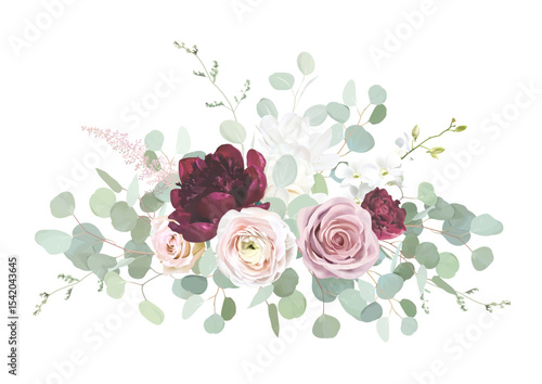 Blush pink rose, burgundy red peony, ranunculus, ivory white magnolia flowers vector design bouquet. Wedding floral and greenery. Mint, pink, silver, sage tones. Elements are isolated and editable