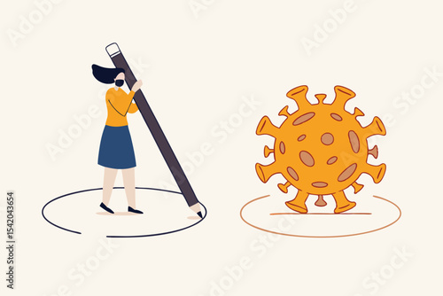 Social distancing, keep distance in public society people to protect from COVID-19 coronavirus outbreak spreading concept, woman keep distance away by drawing circle with virus pathogens