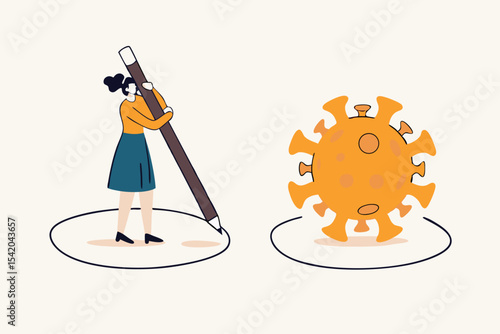 Social distancing, keep distance in public society people to protect from COVID-19 coronavirus outbreak spreading concept, woman keep distance away by drawing circle with virus pathogens