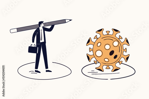 Social distancing, keep distance in public society people to protect from COVID-19 coronavirus outbreak spreading concept, businessman keep distance away by drawing circle with virus pathogens