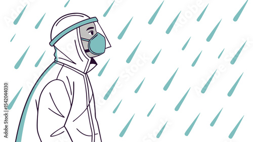 Person in protective suit and mask stands in the rain looking to the side in a minimalist illustration