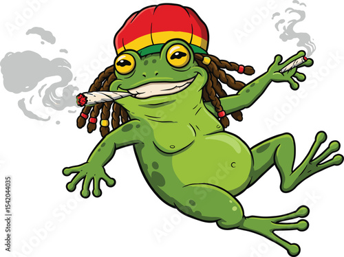 Funny cartoon frog smoking joint, reggae style frog illustration, stoner animal character, marijuana humor art, chill weed smoking frog