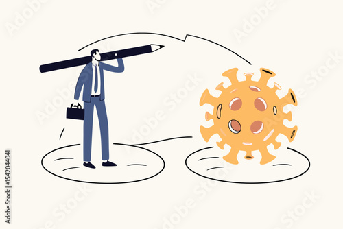 Social distancing, keep distance in public society people to protect from COVID-19 coronavirus outbreak spreading concept, businessman keep distance away by drawing circle with virus pathogens