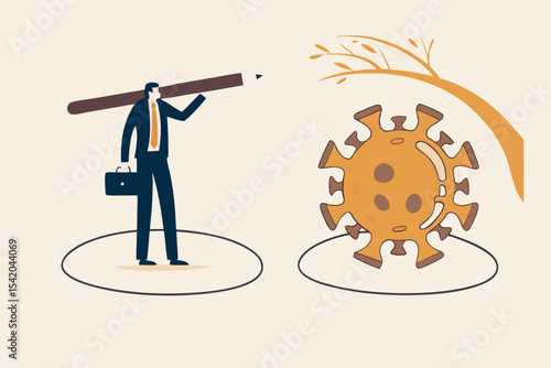 Social distancing, keep distance in public society people to protect from COVID-19 coronavirus outbreak spreading concept, businessman keep distance away by drawing circle with virus pathogens