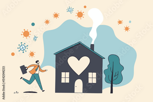 Social Distancing, stay home in COVID-19 coronavirus outbreak, stay in the house to prevent virus infection, happy businessman stay calm running to lovely safe home with virus pathogens outside