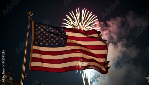 American flag waving at night with fireworks in background, patriotic celebration scene.