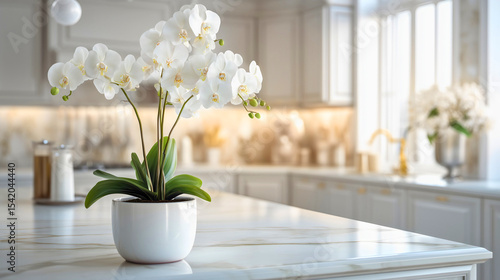 Wallpaper Mural A beautiful white orchid in a golden pot graces a modern kitchen countertop, its elegant blooms and green leaves illuminated by soft natural light. Torontodigital.ca