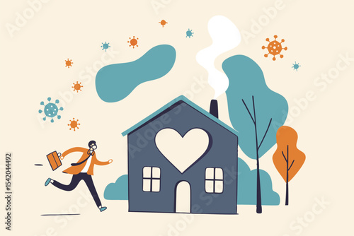 Social Distancing, stay home in COVID-19 coronavirus outbreak, stay in the house to prevent virus infection, happy businessman stay calm running to lovely safe home with virus pathogens outside