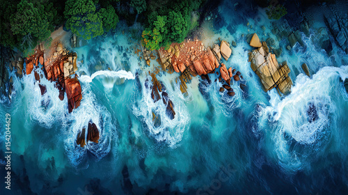 Waves crashing over rocky coastline ocean view aerial photography