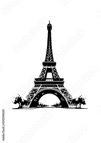 hand drawn eiffel tower illustration for poster and banner. engraving black and white Eiffel tower in France straight view .The eiffel tower is shown.
