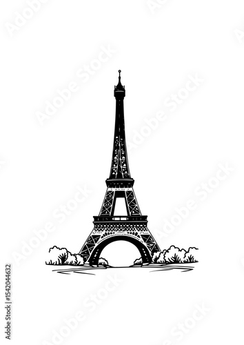 hand drawn eiffel tower illustration for poster and banner. engraving black and white Eiffel tower in France straight view .The eiffel tower is shown.
